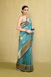 Blue-Green Pure Kora Organza Handloom Silk Saree With Meenakari Booti And Border